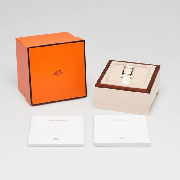 Hermes 21mm White Alligator Leather Gold Plated Heure H PM Quartz Watch HH1.200 - Picture 2 of 8